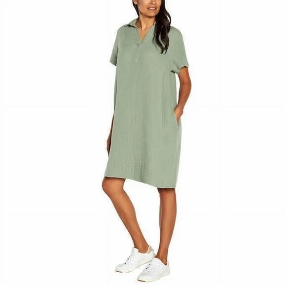 [Three Dots] Sage Green Cotton Gauze Waffle Oversized Shift Dress Size Large L - Picture 1 of 12